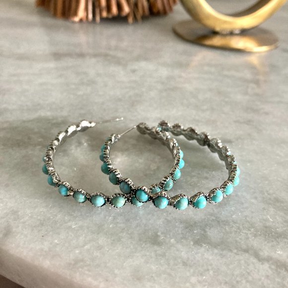 Turquoise Western Studded Silver Hoop Earrings - Picture 6 of 7